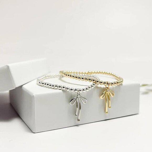 Silver Flower Handmade Stretch Dainty Bead Bow Charm Bracelet for Women - Picture 7 of 7